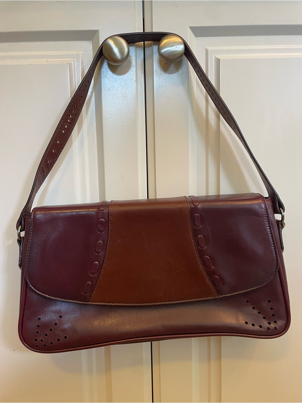 BCBG Burgundy and Brown Leather Shoulder Bag